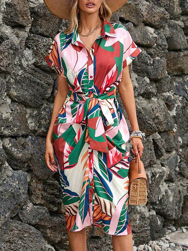 xakxx Raglan Sleeve Short Sleeves Buttoned Pleated Printed Tied Waist Lapel Midi Dresses Shirt Dress