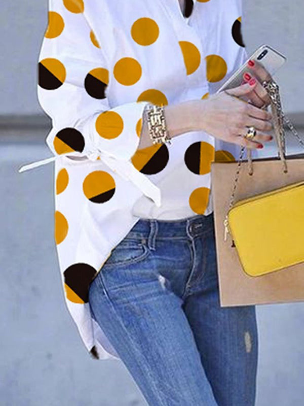 xakxx Long Sleeves Loose Contrast Color Polka Dot Printed Lapel Blouses