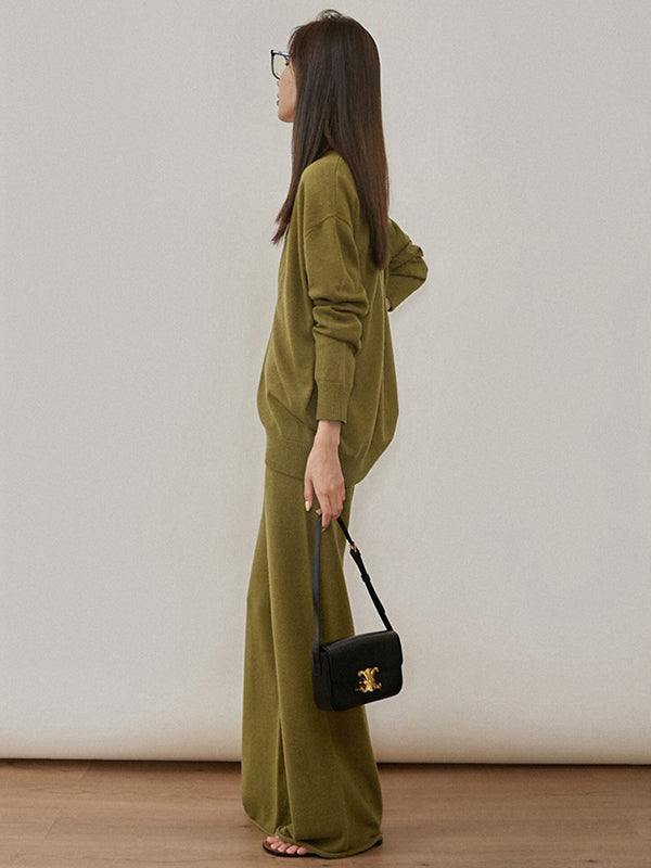 xakxx xakxx-Urban Loose Solid Round-Neck Vest Top& V-Neck Sweater Tops& Wide Leg Pants Three-Piece Set
