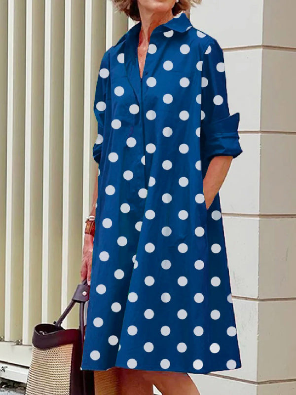 xakxx Vintage Long Sleeves Polka Dot Lapel Midi Dresses