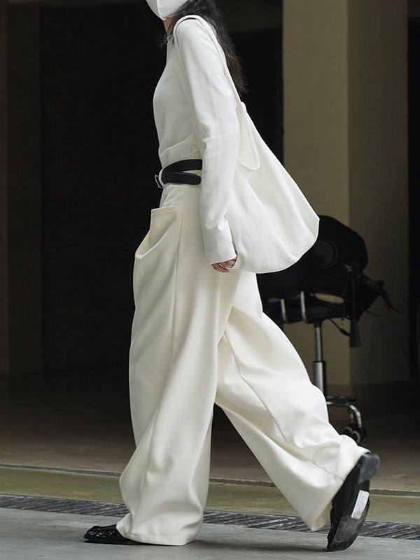 xakxx Loose Pleated Solid Color Wide Leg Pants Bottoms