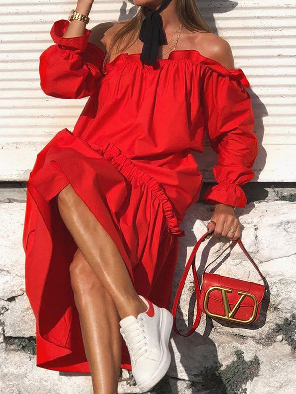 xakxx Loose Irregularity Falbala Solid Color Off-The-Shoulder Midi Dresses