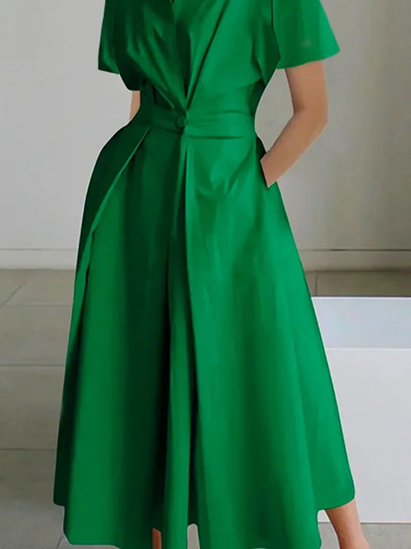 xakxx High Waisted Loose Pleated Solid Color V-Neck Midi Dresses
