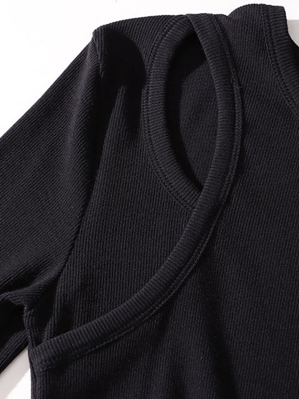 xakxx A-Line Long Sleeves Elasticity Hollow Solid Color Split-Joint Round-Neck Midi Dresses