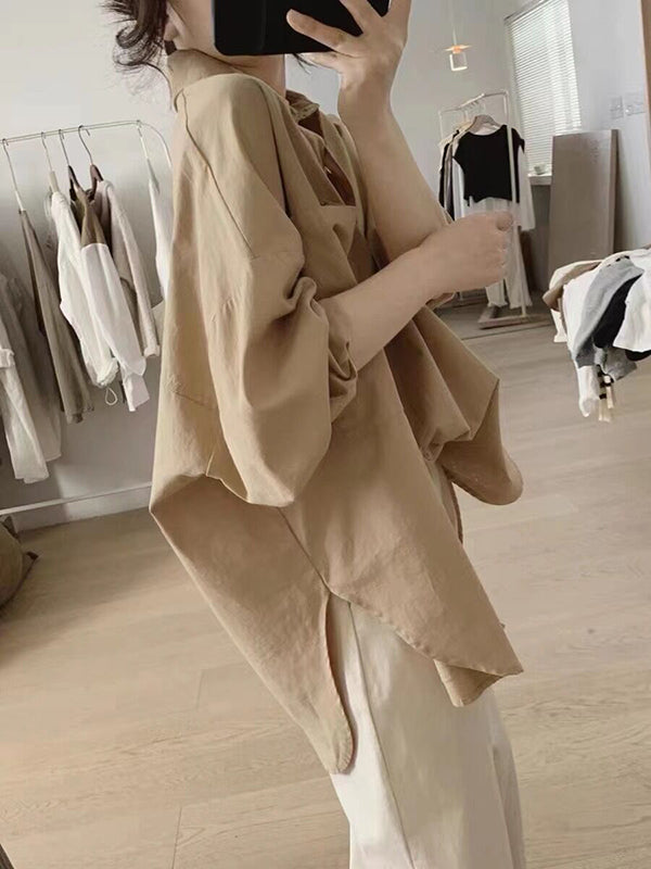 xakxx Casual Long Sleeves Loose Buttoned Solid Color Lapel Collar Blouses&Shirts Tops