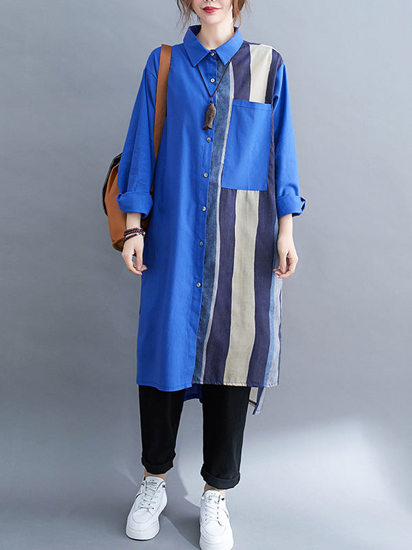 xakxx Original Buttoned Contrast Color Split-Joint Long Sleeves Lapel Blouse