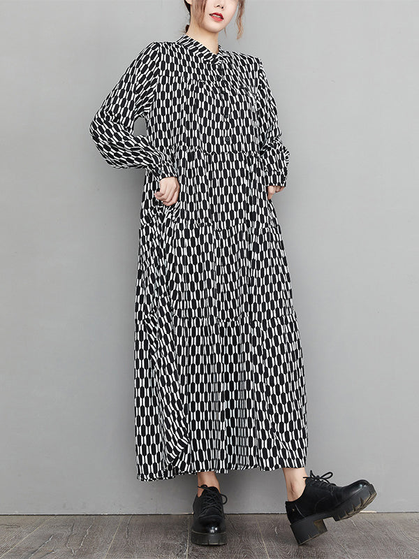 xakxx Casual Long Sleeves Loose Buttoned Contrast Color Printed Split-Joint Stand Collar Midi Dresses