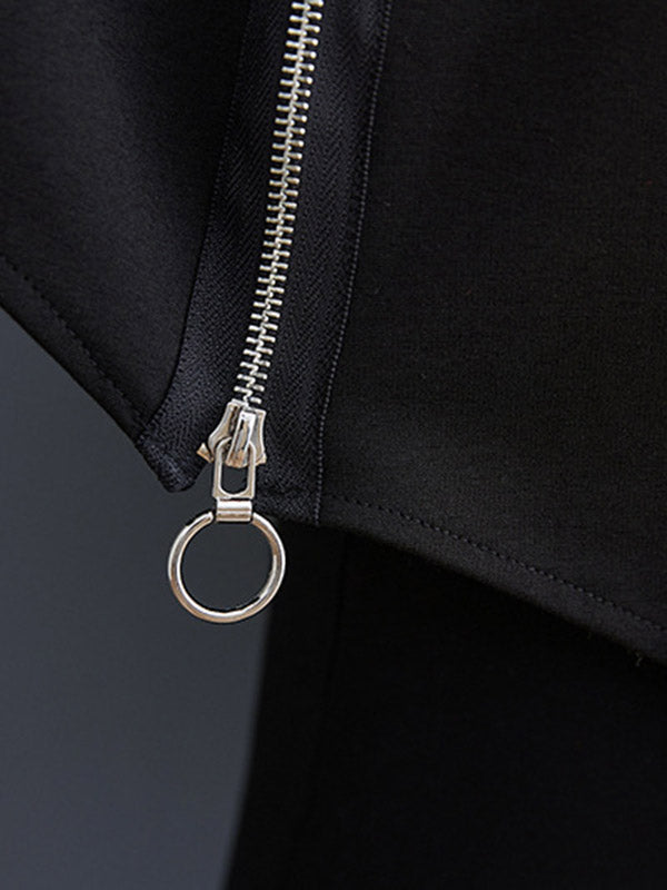 xakxx Long Sleeves Loose Asymmetric Split-Joint Zipper Heaps Collar Sweatshirt Tops
