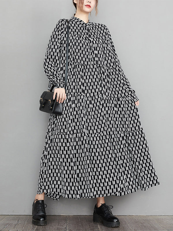 xakxx Casual Long Sleeves Loose Buttoned Contrast Color Printed Split-Joint Stand Collar Midi Dresses