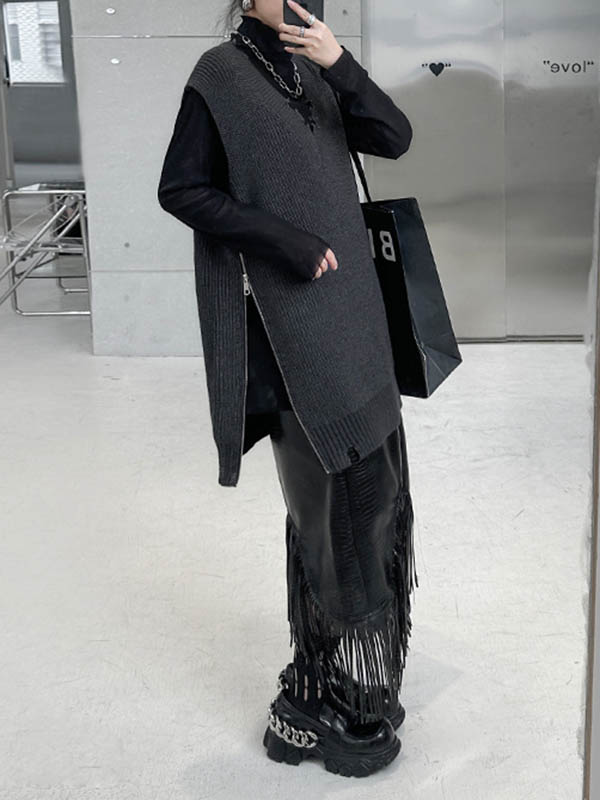 xakxx Loose Sleeveless Asymmetric Split-Side Zipper V-Neck Vest Outerwear