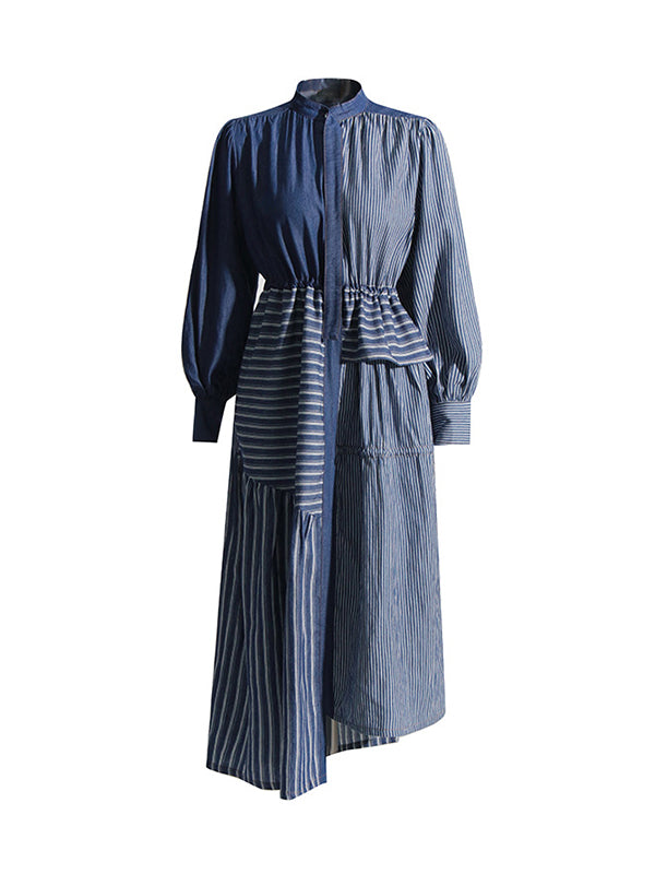 xakxx High Waisted Long Sleeves Asymmetric Buttoned Contrast Color Split-Joint Striped Tied Waist Mock Neck Midi Dresses