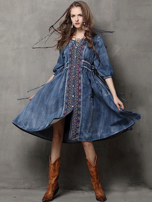 xakxx Vintage Oversize Embroidery Denim Dress