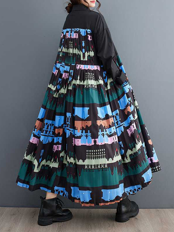 xakxx A-Line Long Sleeves Buttoned Pleated Printed Split-Joint Lapel Midi Dresses