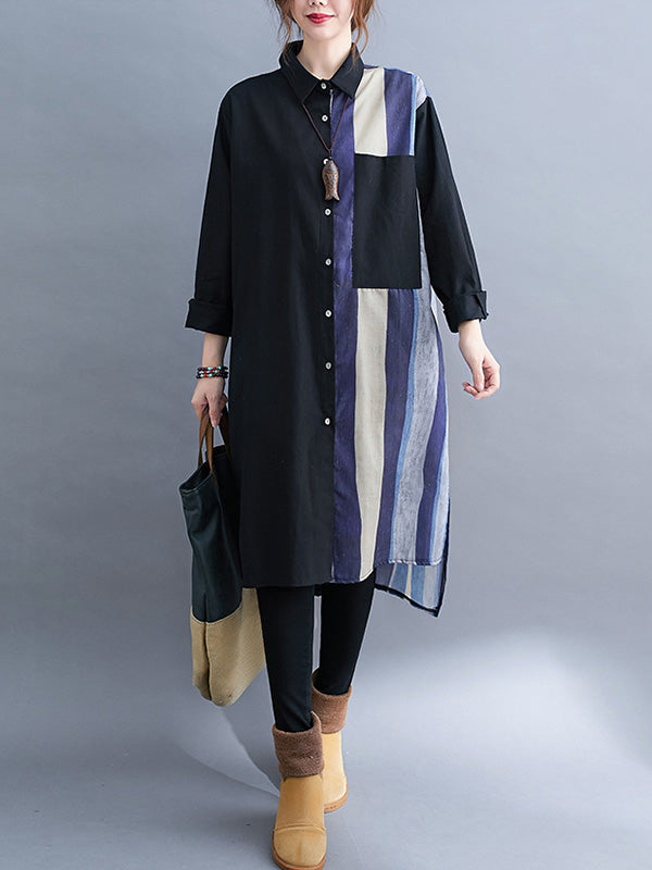 xakxx Original Buttoned Contrast Color Split-Joint Long Sleeves Lapel Blouse
