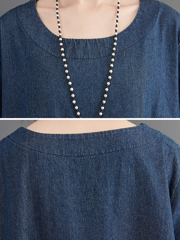 xakxx Artistic Retro Loose Denim Applique Round-Neck Long Sleeves Midi Dress