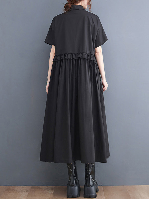 xakxx Simple Short Sleeves Loose Buttoned Falbala Split-Joint Solid Color Midi Shirt Dress