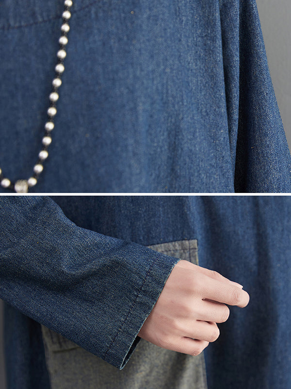 xakxx Artistic Retro Loose Denim Applique Round-Neck Long Sleeves Midi Dress
