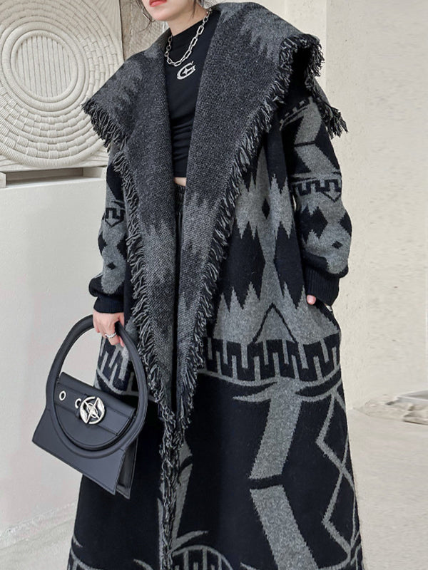 xakxx Long Sleeves Loose Contrast Color Tasseled Lapel Cardigan Coats