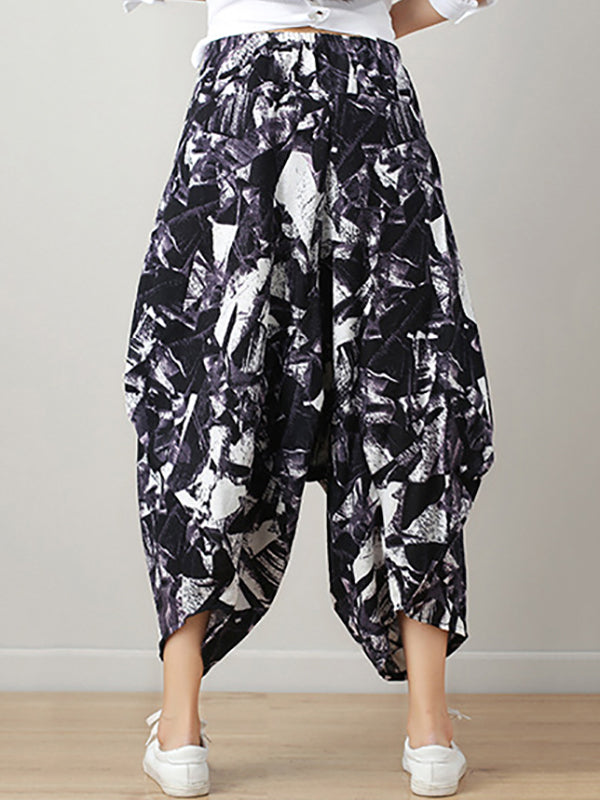 xakxx Artistic Retro Ramie Cotton Original Printed Elasticity Harem Pants