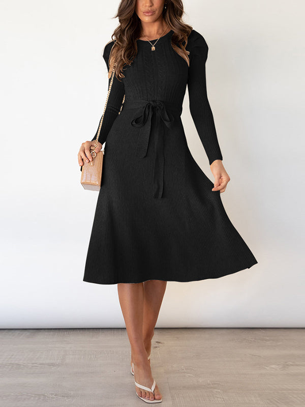 xakxx High Waisted Long Sleeves Solid Color Tied Waist Round-Neck Midi Dresses Sweater Dresses