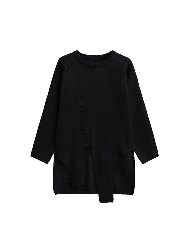 xakxx High-Low Long Sleeves Asymmetric Solid Color Zipper Round-Neck Pullovers Sweater Tops