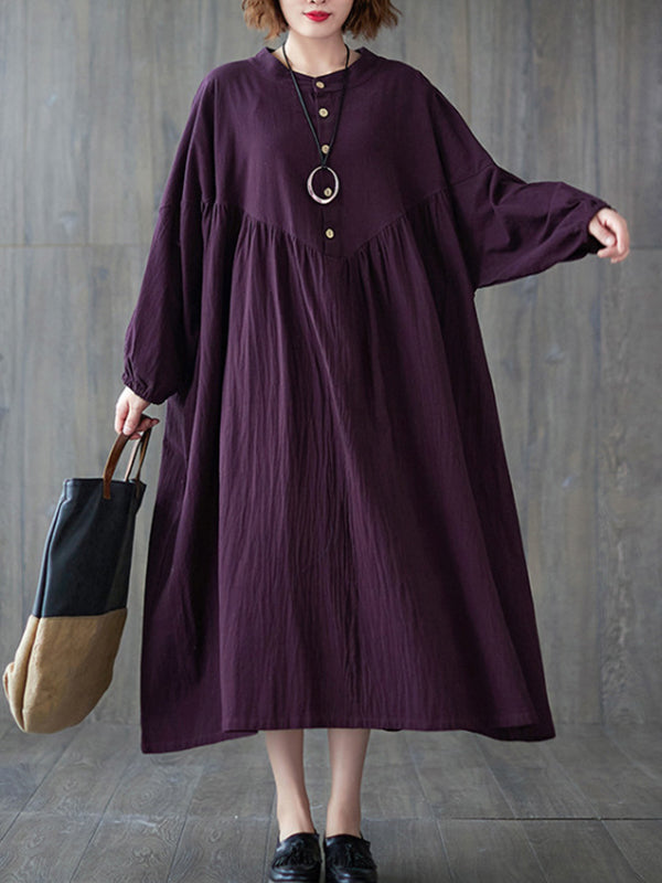 xakxx Loose Puff Sleeves Pleated Solid Color Stand Collar Midi Dresses