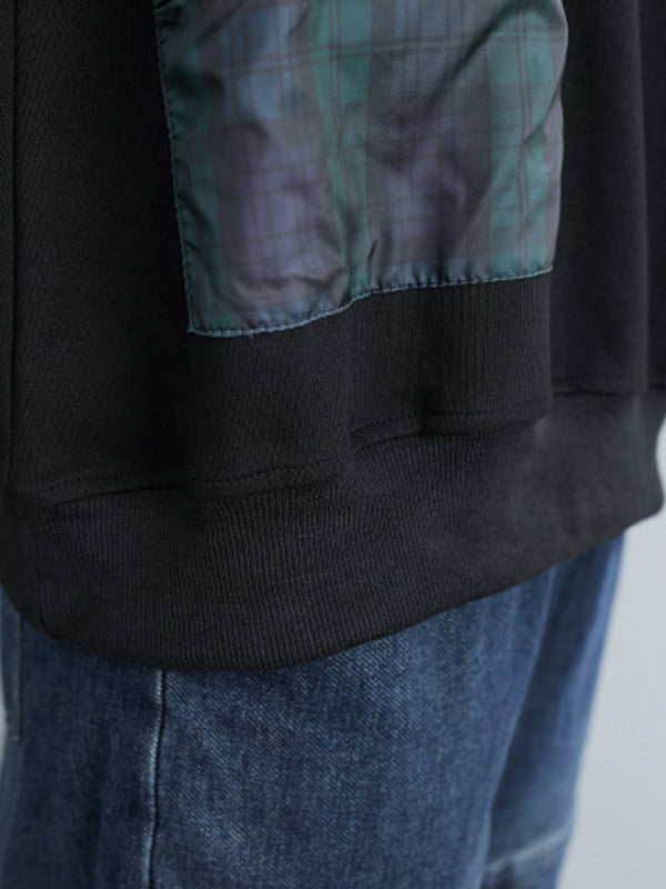 xakxx Simple Long Sleeves Loose Split-Joint Solid Color High-Neck Sweatshirt Tops