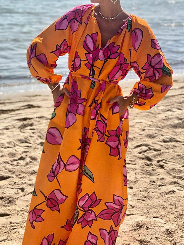 xakxx A-Line Long Sleeves Flower Print Pockets Tied Waist V-Neck Maxi Dresses