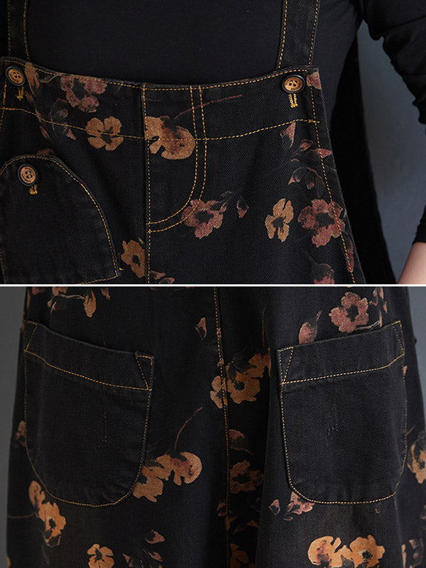 xakxx Original Floral With Pocket Harem Denim Overalls