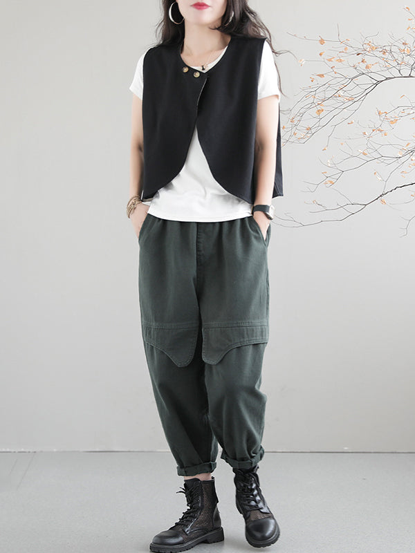 xakxx Artistic Retro Loose Sleeveless Solid Color Round-Neck Vest Outerwear