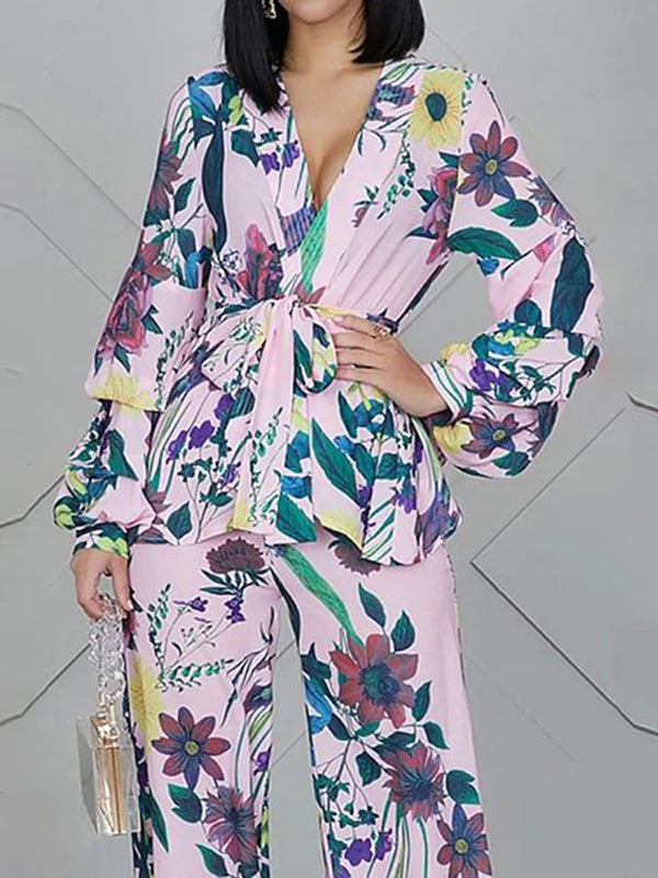 xakxx High Waisted Long Sleeves Flower Print Tied Waist V-Neck Shirts Top + Pants Bottom Two Pieces Set