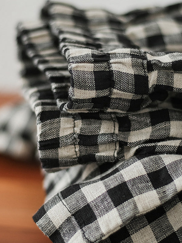 xakxx Artistic Retro Linen Loose Wide Legs Plaid Drawstring Pants