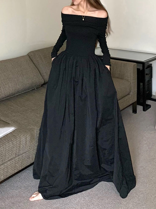 xakxx Long Sleeves Pleated Solid Color Split-Joint Off-The-Shoulder Maxi Dresses