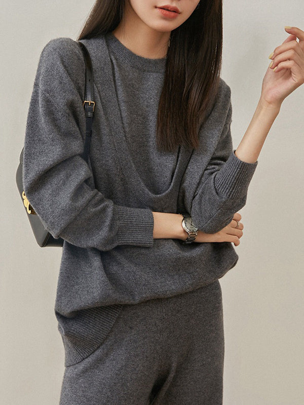 xakxx xakxx-Urban Loose Solid Round-Neck Vest Top& V-Neck Sweater Tops& Wide Leg Pants Three-Piece Set