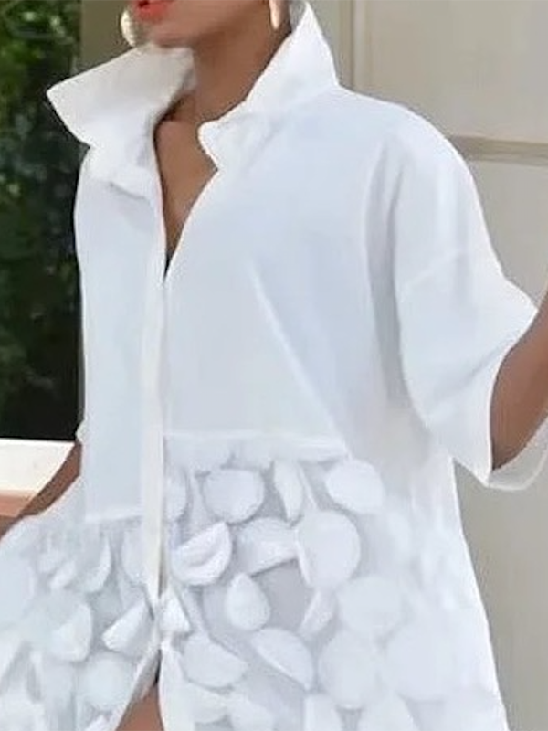 xakxx Half Sleeves Loose Applique Solid Color Split-Joint Lapel Collar Midi Dresses