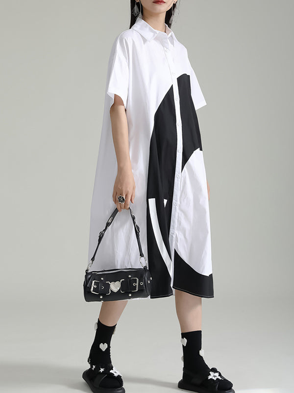 xakxx Loose Short Sleeves Asymmetric Contrast Color Split-Joint Lapel Midi Dresses Shirt Dress