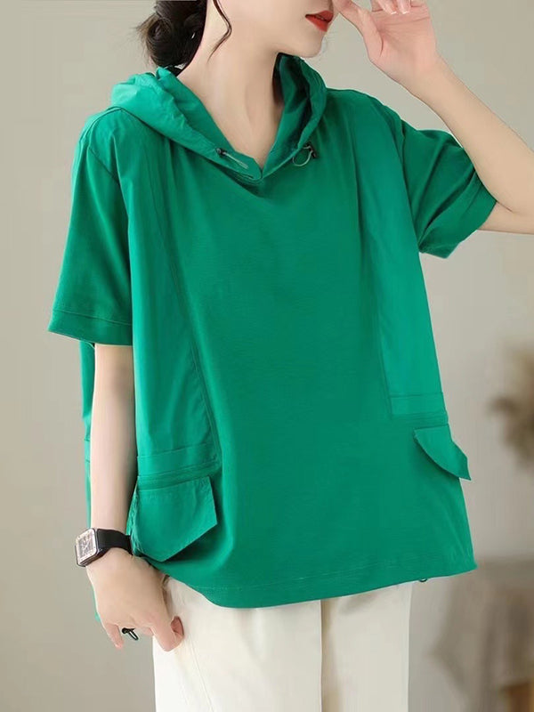 xakxx Loose Short Sleeves Solid Color Hooded T-Shirts Tops