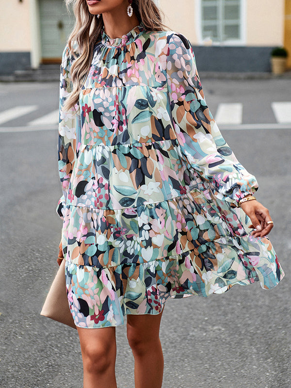 xakxx A-Line High Waisted Printed Split-Joint Tied Mock Neck Mini Dresses