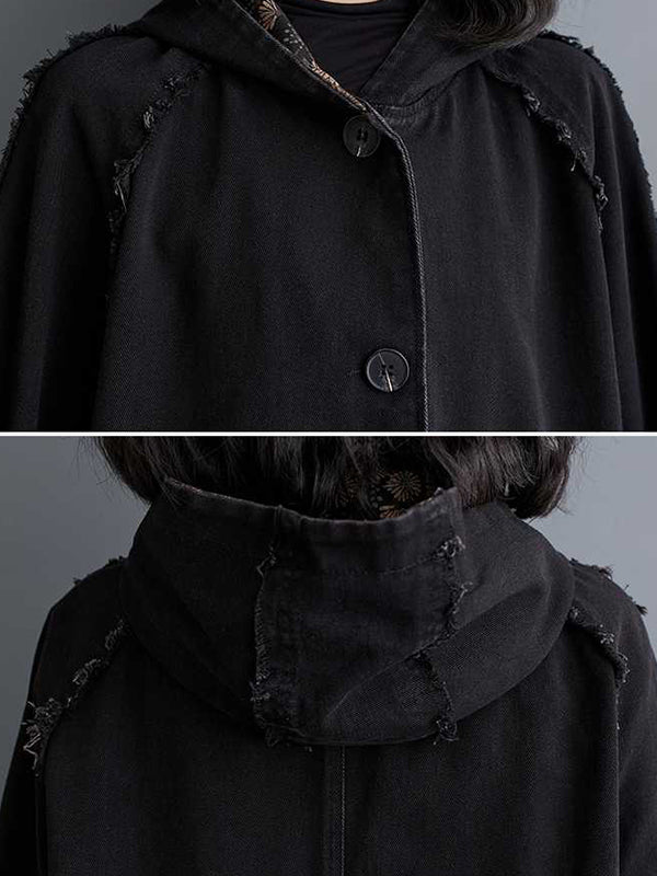 xakxx Loose Raglan Sleeve Floral Printed Fringed Split-Joint Hooded Outerwear Trench Coats