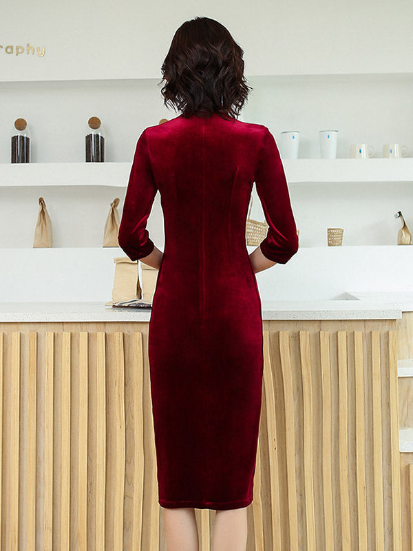 xakxx Solid Color Velvet Banquet Split-Side Long Cheongsams