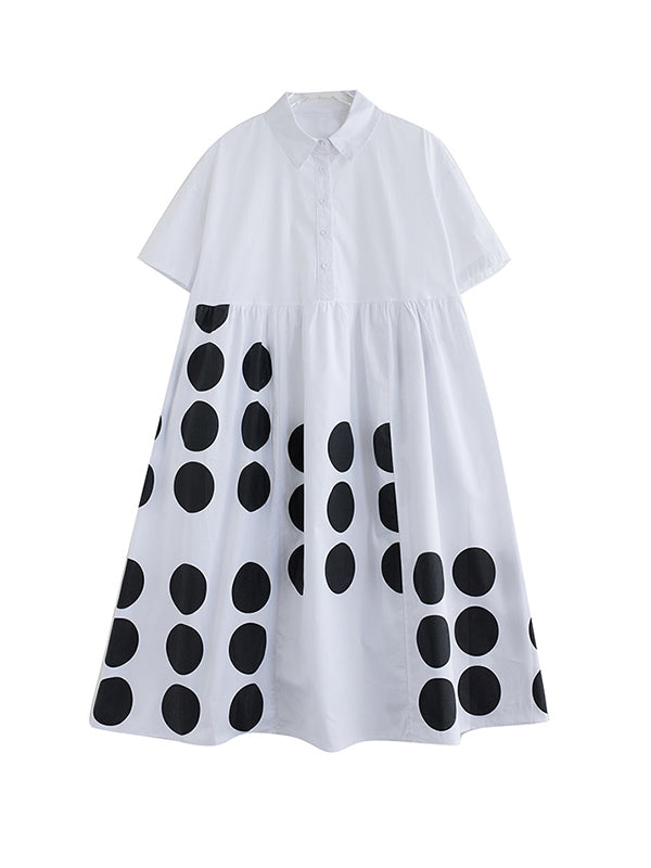 xakxx A-Line Loose Buttoned Pockets Polka Dot Printed Lapel Midi Dresses