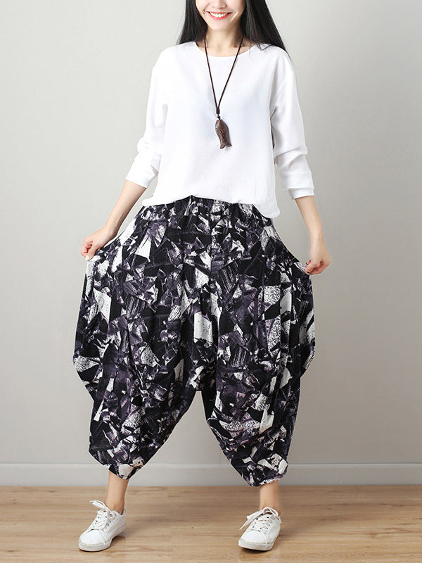 xakxx Artistic Retro Ramie Cotton Original Printed Elasticity Harem Pants