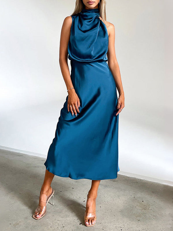 xakxx High Waisted Sleeveless Solid Color Halter-Neck Midi Dresses