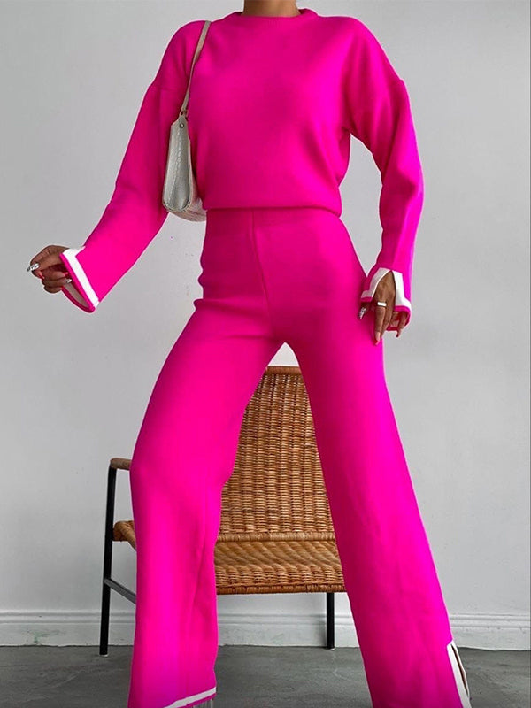 xakxx xakxx-Urban Loose Contrast Color Long Sleeves Round-Neck Sweater Tops & Pants Suits