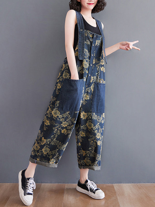 xakxx Oversize Floral Printed Denim Overalls
