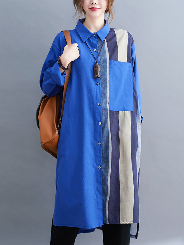 xakxx Original Buttoned Contrast Color Split-Joint Long Sleeves Lapel Blouse