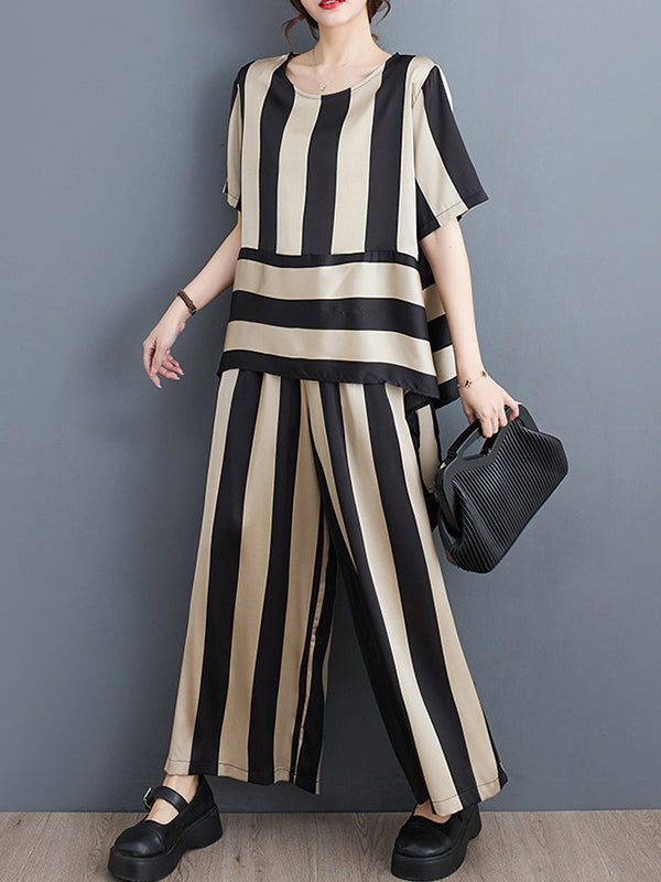 xakxx Irregular Clipping Loose Striped Round-Neck T-Shirt + Wide Leg Pants Two Pieces Set