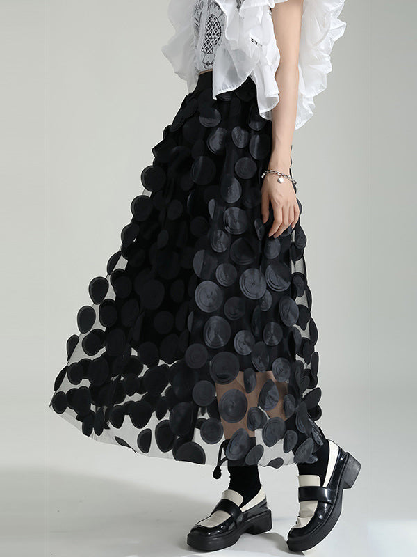 xakxx A-Line High Waisted Mesh Polka-Dot Solid Color Split-Joint Skirts Bottoms
