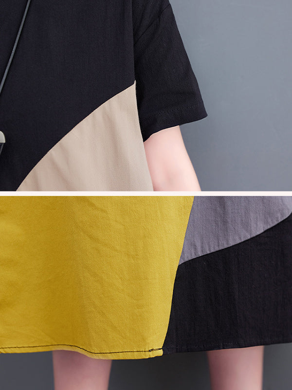 xakxx Loose Oversize Color-Block Contrast Color Split-Joint Lapel Midi Dresses Shirt Dress