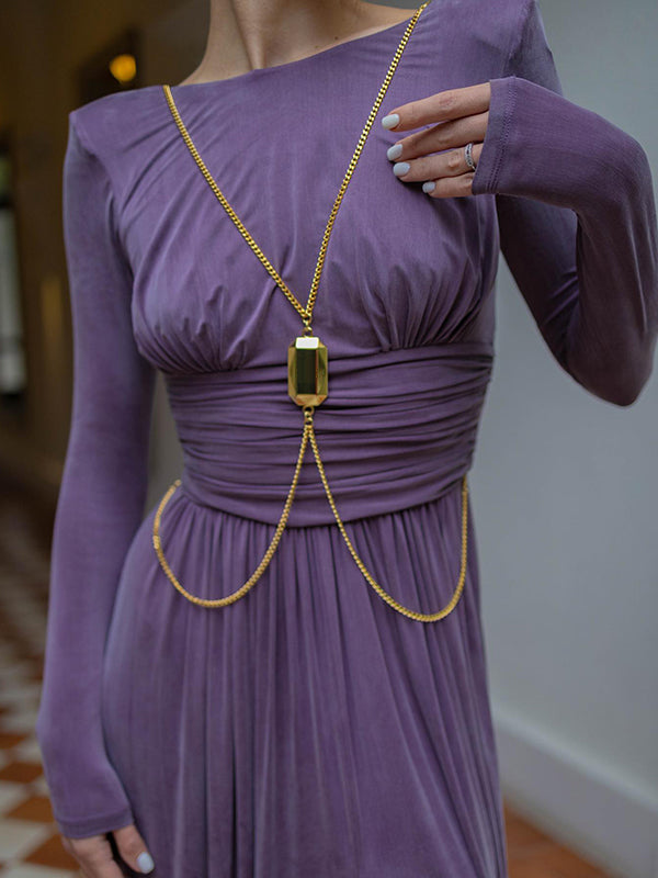xakxx Long Sleeves Backless No Body Chain Pleated Solid Color Tied Waist Maxi Dresses